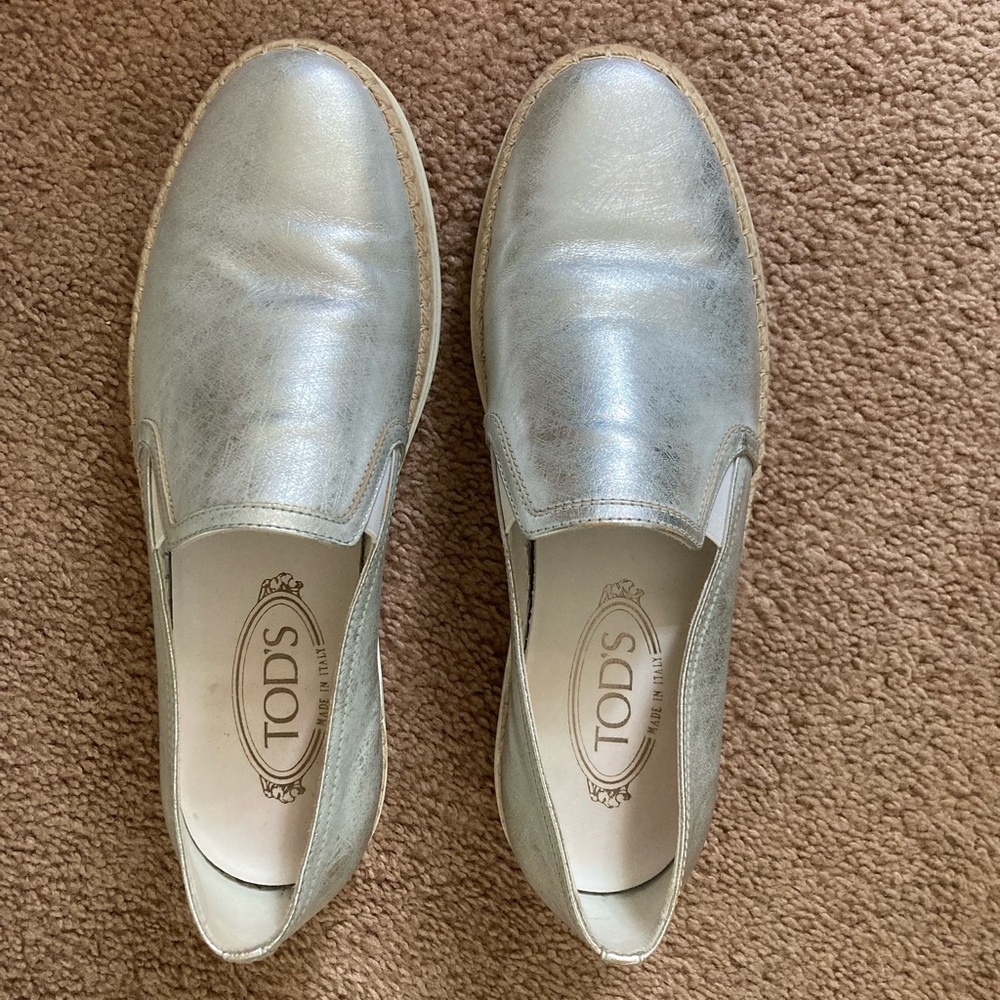 Tod's Metallic Silver Leather Pantofola Espadrille Slip On Sneakers size 39